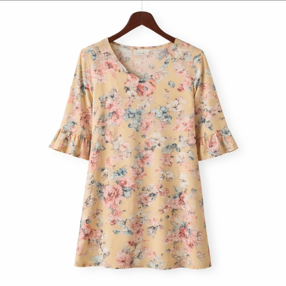 🎉 Sign Here Yellow Floral Bell Sleeve Tunic Top Size XL